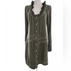 Yest Size M Boho Chic Ruffle Tie Detail Button Down Long Sleeve Dress Army Green
